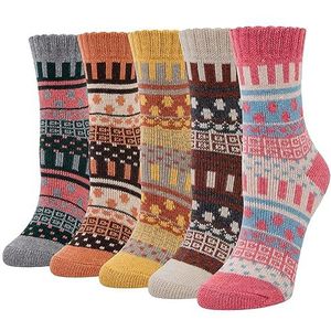5 Paar Winterwollen Damessokken, Ademende, Zachte, Dikke Sokken - Kleurrijke Kleuren, Premium Kwaliteit, Klimaatregulerend Effect, Herbruikbaar