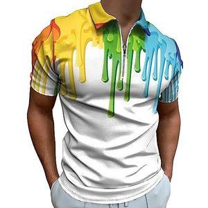 Regenboog Gekleurde Verf Polo Shirt Voor Mannen Casual Rits Kraag T-shirts Golf Tops Slim Fit