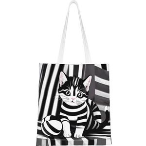 LamaMe Zwart-wit Gestreepte Kitten 12ann Herbruikbare Canvas Tote Voor Winkelen Strand Moederdag Gift Bag, Zwart, Eén maat