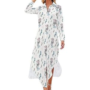 Zeemeermin zeepaardje patroon dames maxi-jurk lange mouwen knopen overhemd jurk casual feest lange jurken 3XL