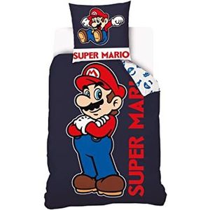 Mario dekbedovertrek Super Mario 140 x 200 cm + 1 kussensloop 63 x 63 cm – 100% katoen – marineblauw