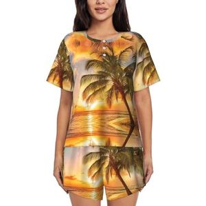 RIVETECH Tropisch strand palmboom zonsondergang print dames pyjama set korte mouwen pyjama set - comfortabele korte sets, mouwen nachtkleding met zakken, Zwart, XL