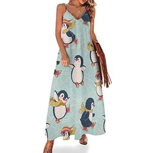 Schattige pinguïns vrouwen sling maxi jurken V-hals casual mouwloze verstelbare riem sexy lange jurk