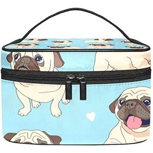 Cartoon zeeschildpadden schattig patroon blauwe achtergrond make-up tas voor vrouwen meisjes cosmetische tassen met handvat reizen make-up organizer tas, Grappige Cartoon Pug Hond Patroon Blauwe Achtergrond, 8.9x5.9x5.4 Inches, Make-up zakje