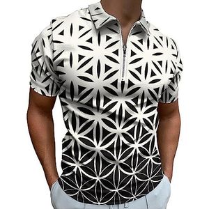 Zwart en wit gradiënt bloem poloshirt voor mannen casual rits kraag T-shirts golf tops slim fit