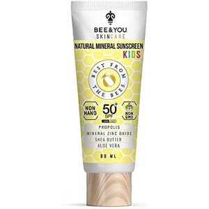 BEE and You Kids Waterbestendig, 100% natuurlijk mineraal zonnebrandcrème, voor gezicht en lichaam, breed spectrum SPF 50 UVA/UVB zonnebescherming met zinkoxide en bijenpropolis, hypoallergeen, 80 ml