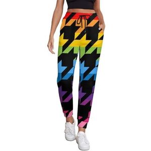 Rainbow Houndstooth Tweed Joggingbroek voor dames, hardloopbroek, joggingbroek, casual, elastische taille, lang, met zakken