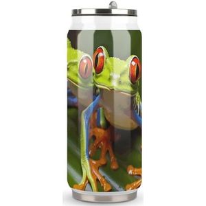 Red Eyed Tree Frog vacuüm geïsoleerde beker, 368 ml roestvrijstalen drinkbekers met rietje, dubbelwandige thermische koffiemok voor reizen, kantoor en sportschool, (binnenkant 304/buitenste 201 staal)