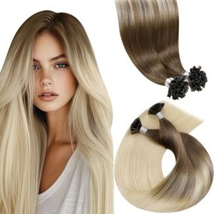 LaaVoo U Tip Hair Extensions Echt Menselijk Haar Balayage Lichtbruin naar Lichtbruin en Wit Blond Haar Extensions 35cm 50s 50g Silky Straight Nail Tip Keratine Hair Extensions #8/59