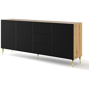 Deconation Ravenna commode met 3 deuren + 3 laden van hout en gouden poten, zwart en beige, L 200 x D 42 x H 87 cm