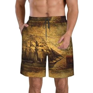 PHTZEZFC Sailing Pirate Theme Print Strandshorts voor heren, lichtgewicht, sneldrogend trekkoord zwembroek met zakken, Wit, M