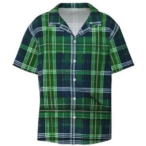 OdDdot Blauw Schotse tartan print heren overhemd atletische slim fit korte mouw casual zakelijke button down shirt, Zwart, 4XL