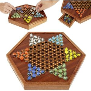 Houten checkers, Chinese checkers, met laden en 60 kleurrijke glazen ballen, leuk houten bordspel, strategie, familiebordspel voor kinderen en volwassenen, familiebijeenkomst (zie afbeelding)