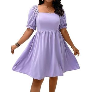 voor vrouwen jurk Plus jurk met vierkante hals, pofmouwen en gesmokte rug (Color : Lilac Purple, Size : XL)