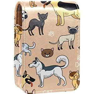 Draagbare Lipstick Case voor op reis, Mini Lipstick Opbergdoos met spiegel voor vrouwen dames, Lederen cosmetische etui katten honden, Meerkleurig, 9.5x2x7 cm/3.7x0.8x2.7 in
