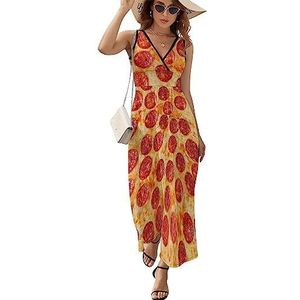 Italiaanse Pepperoni Pizza Maxi Jurk voor Vrouwen Mouwloze Lange Zomer Jurken Strandjurken A-lijn L