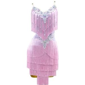 Yhwacyznm Gelaagde franjes Latijns Amerikaanse dansjurken Cha Cha Wedstrijdkostuums met open rug Professionele balzaalkleding voor dames Tango Salsa Dansrok met bretels,Roze,L