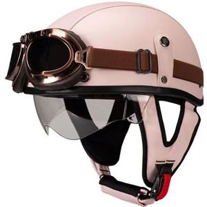 Leren Halve Helm Duitse Stijl Retro Motorhelm DOT/ECE Goedgekeurde Heren Dames Vintage Open Helm Met Bril Halve Schaal Kap Bromfietshelm Voor Chopper Cruiser Scooter 9,M