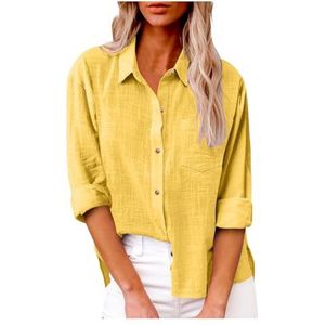 Dames katoenen linnen button-down overhemd 2024 lente casual effen kleur shirts met lange mouwen losse werktops met zakken(Color:Yellow,Size:4XL)