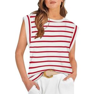 Dames zomerse katoenen tanktops met kapmouwtjes, basic T-shirts, casual tanktops met losse pasvorm(Red stripes,XXL)