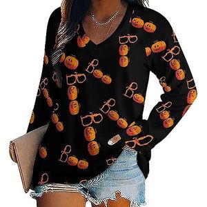 Halloween Boo Pumpkin Dames Casual Lange Mouw T-shirts V-hals Gedrukt Grafische Blouses Tee Tops L