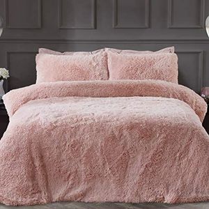 Sleepdown 5056242754633 Beddengoedset met kussensloop van fleece, langpolig, kunstbont, superzacht, onderhoudsvriendelijk, voor eenpersoonsbed (135 x 200 cm), polyester, roze (blush pink)