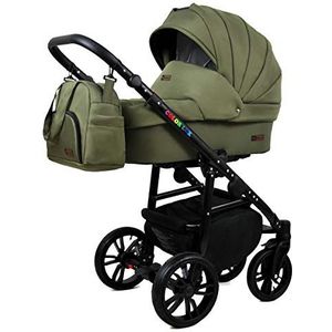 Kinderwagen 3 in 1 complete set met autostoeltje Isofix babybad babydrager Buggy Colorlux Black van ChillyKids Olive 2in1 zonder autostoel