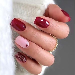 24 stuks zwarte kunstnagels Franse tip - sterke nepnagels met lijm - gotische plaknagels - volledige dekking nageltips en lijm for vrouwen Franse nagelkunst(Red)