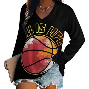 Basketball Is Life Casual T-shirts met lange mouwen voor dames, V-hals bedrukte grafische blouses T-tops M
