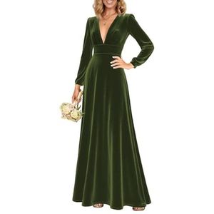 Fluwelen bruidsmeisjesjurk met mouwen, diepe V-hals, formele avondjurk, Olijfgroen, 32