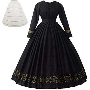 Graceart Vintage kostuum voor dames, jaren 1860, middeleeuws victoriaans kostuum met crinoline, Zwart, S