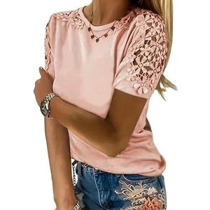 Womens Tshirt Lace Hollow Casual Women'S T-Shirt Blouse Ladies Loose O-Neck T Shirt Summer Soft Solid Color Tops
