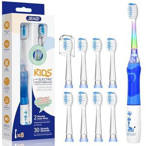 Seago Elektrische tandenborstel voor kinderen vanaf 3 - 12 jaar, kindertandenborstels, elektrisch met gekleurd licht, smart timer, 8, zachte borstelkoppen, waterdicht, ultrasone babytandenborstel