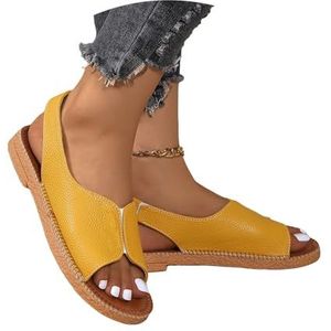 Student Platte Sandalen Dames Vintage Romeinse Sandalen PU Leren Sandalen Zomer Peep Toe Slippers Grote Maten Pantoffels Vrije Tijd Strand Schoenen(Yellow,43 EU)