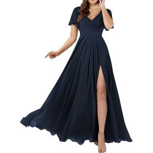 Dames chiffon bruidsmeisjes jurken met split lange galajurken ruches cocktailjurk plus size, Donkerblauw, 32