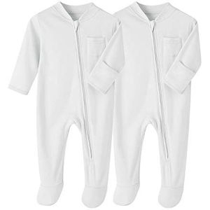 BINIDUCKLING Unisex Baby 2-Pack Zip-Up Baby Onesies Gezellige Voeten Outfit Pasgeboren Bodysuits Babykleding Effen Kleur Katoen Rompertjes 0-12 Maanden, Wit, 0-3 maanden