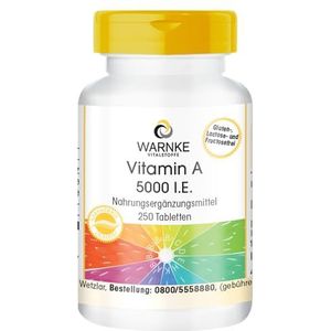 Vitamine A 5000 I.E. - 1500µg retinol (retinylacetaat) per tablet - hoge dosering & veganistisch - 250 tabletten | Warnke Vitalstoffe - Duitse apothekerskwalitei