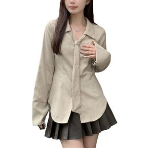 HGKPFGTG Gestreepte Overhemden Met Knoopjes Voor Dames Slim Fit Lange Mouwen Stropdasdecoratie Casual Mode Revers Zakelijke Blouses,Khaki,3XL