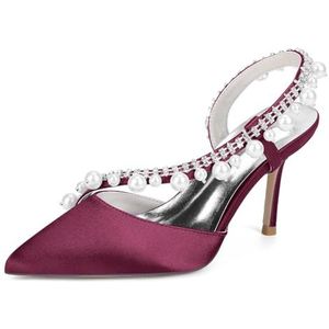 KYEGLO Satijnen Damessandalen Met Spitse Neus En Riempje - Gesloten Neus, Naaldhak Met Strass En Parel, Feestelijke Bruiloftsschoenen, Cadeaus Voor Vrouwen,Burgundy,36 EU