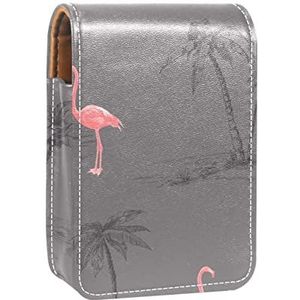 Houtskool & Roze Flamingo Draagbare Lipstick Case voor op reis, Mini Lipstick Opbergdoos met spiegel voor dames dames, Lederen Cosmetische Pouch, Meerkleurig, 9.5x2x7 cm/3.7x0.8x2.7 in