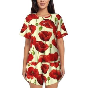RIVETECH Korte pyjamasets met rode bloemenprint voor dames met korte mouwen, pyjamasets, pyjama loungeset, Zwart, L