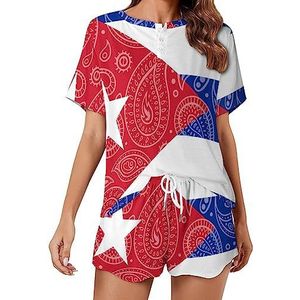 Paisley en Cubaanse vlag mode 2 stuks dames pyjama sets korte mouw nachtkleding zachte loungewear stijl-43