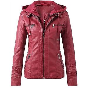 Leren Damesjack Met Ritssluiting Bomberjack Met Capuchon Bikerjack PU Dames Lente Herfst Overgangsjack Capuchonjack Bovenkleding Wintermotorjas Lederen jas Jas van synthetisch leer (Color : Rouge, S