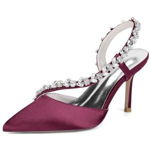 KYEGLO Satijnen Damessandalen Met Spitse Neus En Riempje - Gesloten Neus, Naaldhak Met Strass-Steentjes, Feestelijke Bruiloftsschoenen, Cadeaus Voor Dames,Burgundy,36 EU