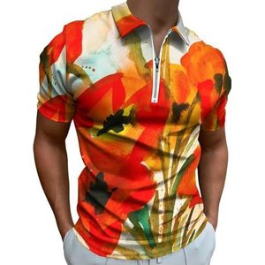 Aquarel Rode Papaver Bloem Bloemen Half Zip-up Polo Shirts Voor Mannen Slim Fit Korte Mouw T-shirt Sneldrogende Golf Tops Tees M