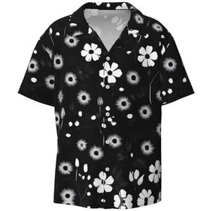 EdWal Zwart en wit bloemenprint print heren korte mouw button down shirts casual losse pasvorm zomer strand shirts heren jurk shirts, Zwart, S