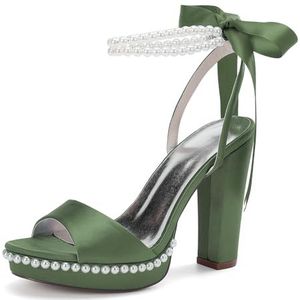 KYEGLO Dames Satijnen Parel Ronde Neus Dikke Hakken, Open Teen Hoge Hakken Sandalen Met Twee Parel Enkelbandjes - Feestelijke Trouwjurk Pumps Schoenen,Light green,36