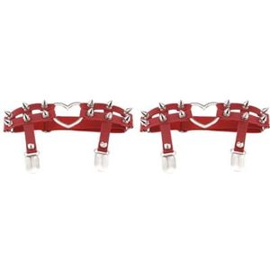 2 Set van 1x Vrouwen Lederen Dubbele Riem Hart Kousenband Elastische Klinknagel Stud Been Jarretelgordel, Rood