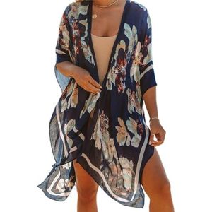Modieus polyester badpak voor dames: lichtgewicht, bloemenpatroon, open voorkant kimono-vest, veelzijdige strandkleding, One Size, Katoen, geen edelsteen