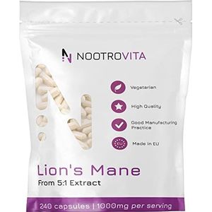 Lions Mane - 240 capsules - 4 maanden! | Dubbel extract 1000 mg (gelijk aan 5.000 mg leeuwenmanenpaddestoel) | Medicinale paddenstoel Hericium Erinaceus | Nootrovita